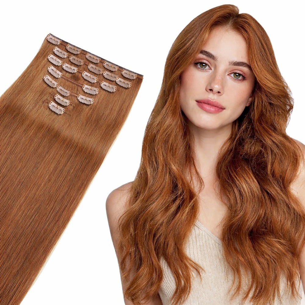 16” Clip-In Hair Extensions - 100% Real Human Hair Clip  Copper Red 7 PCS